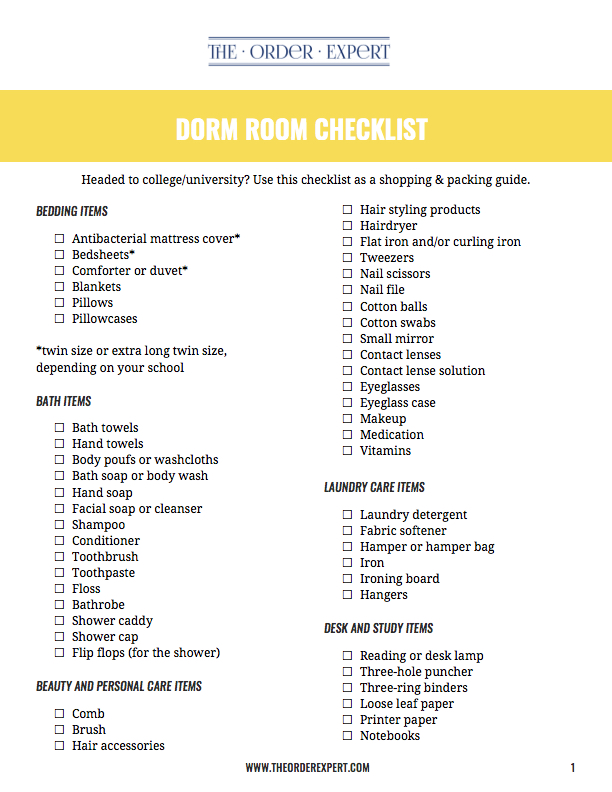 dorm room move in checklist